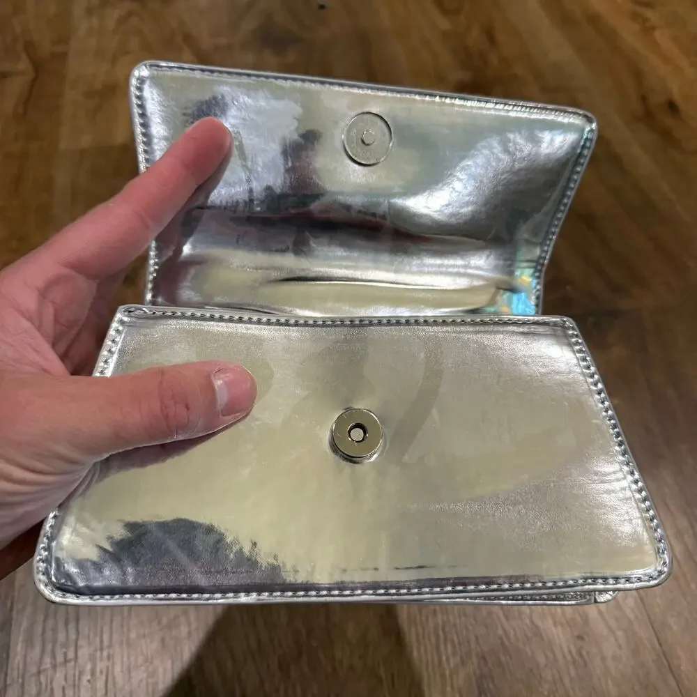 Olivia Miller Anya Mini Crossbody Bag Silver Metallic Reflective Clutch